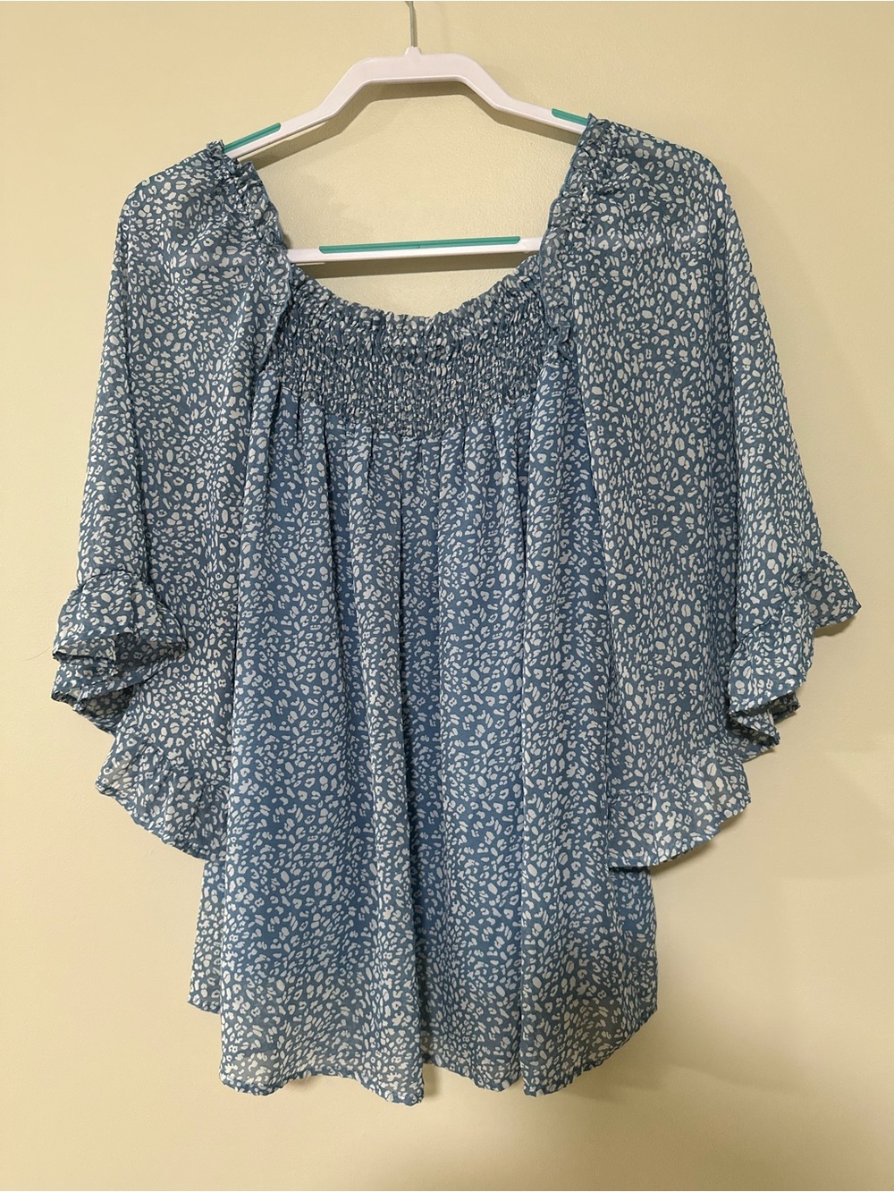 L Love Blue Printed Smocked-Neck Flutter Sleeve Blouse - Picture 7 of 7